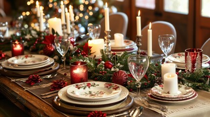 A beautifully set Christmas dinner table featuring elegant place settings, candles, and festive decorations, creating a warm holiday ambiance.