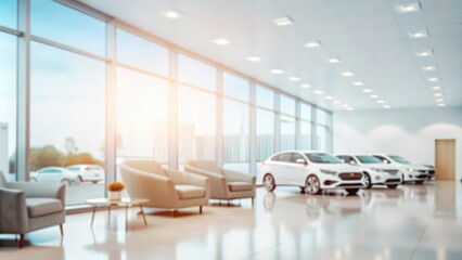 Contemporary car dealership with new cars and modern furnishings
