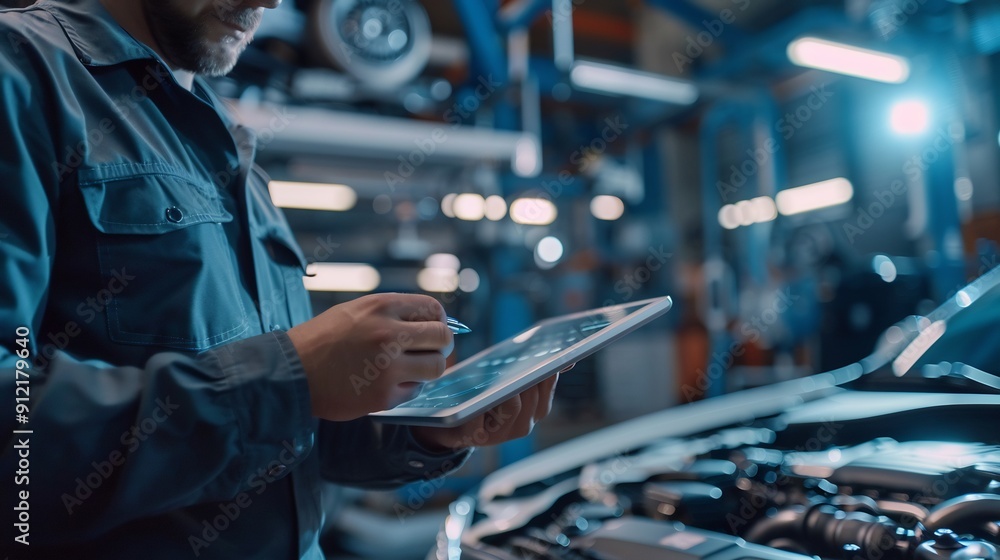 Poster car service and checking concept. car service manager or mechanic using tablet computer,