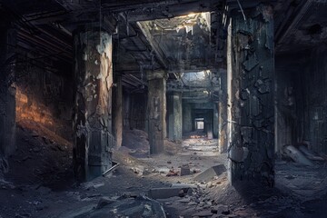 Sunbeam Illuminating a Fire-Damaged Hallway