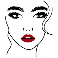 Fototapeta premium Stylish Female Faces Line Art Woman Red Lip Girls' Facial Expressions