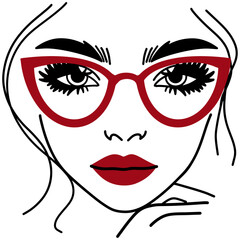 Stylish Female Faces Line Art Woman Red Lip Girls' Facial Expressions