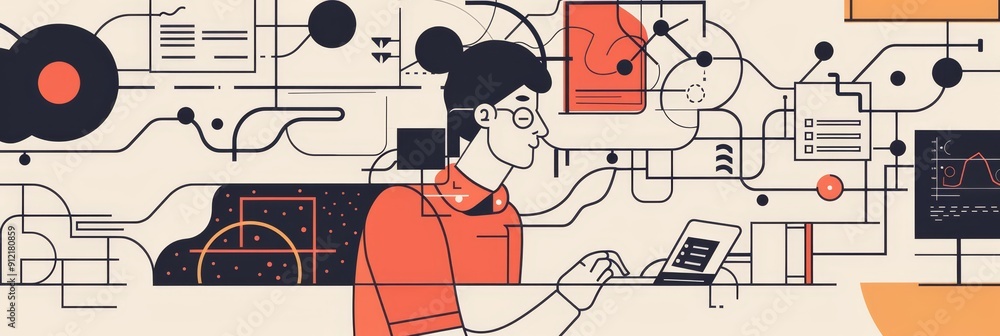 Poster woman working on technology with complex system - a woman is working on a tablet in an office settin