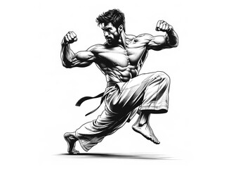 Taekwondo, Karate Player art drawing, black and white illustration. for Wall d&eacute;cor