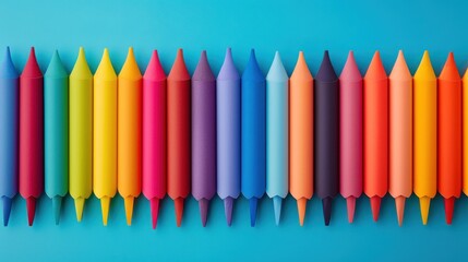 Colorful Crayons Row on Blue Background