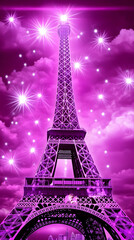 Glowing Eiffel Tower at Dusk, Paris, France - Violet Lights, Starry Sky, Romantic Ambiance