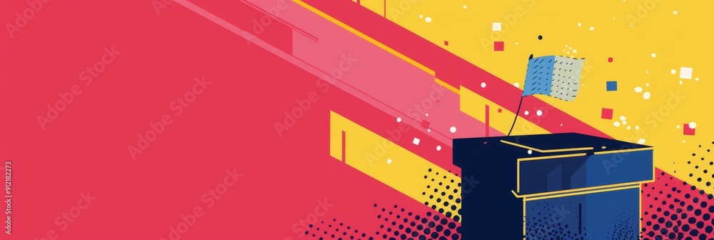 Poster abstract colorful banner with podium and flag - a vibrant and abstract banner with a podium and flag