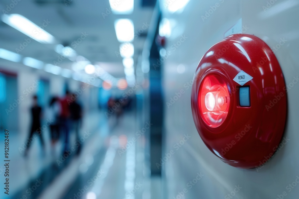 Aufkleber A bright red fire alarm with an illuminated light and button is clearly visible on the wall in a bustling public corridor. Generative AI