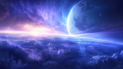 Stunning outer space scene with vibrant cosmic colors, planet, and clouds. Perfect for science fiction or space exploration themes.