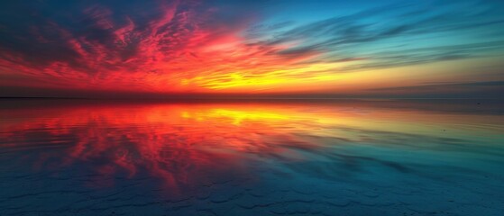 Obraz premium Stunning sunset over a calm ocean with vibrant, colorful sky reflecting on the water, creating a mesmerizing, serene scene.