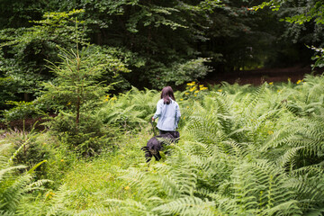 A cute little girl walks with her dog in a dense summer forest. The concept of the unity of a child...
