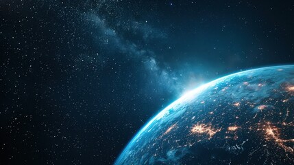 Obraz premium Stunning view of Earth from space with city lights and the Milky Way galaxy visible in the background.