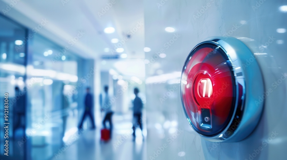Poster a bright red fire alarm is mounted on a wall, signaling an alert in a busy indoor environment with p