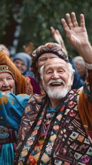 Fototapeta premium Caucasian Elderly friends taking part in a cultural festival, enjoying traditional music and dance