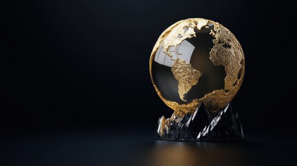 Elegant golden globe sculpture on a dark background, symbolizing global connectivity and sophistication.