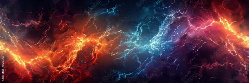 Poster abstract fire and ice lightning battle background - abstract fiery and icy lightning clashing togeth