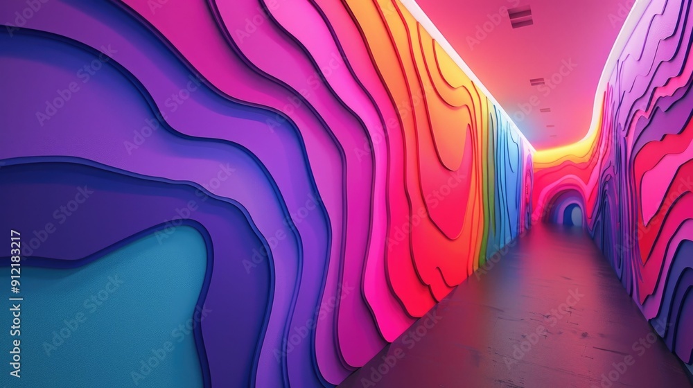 Poster captivating and immersive digital installation featuring dynamic dimensional murals with fluid movem