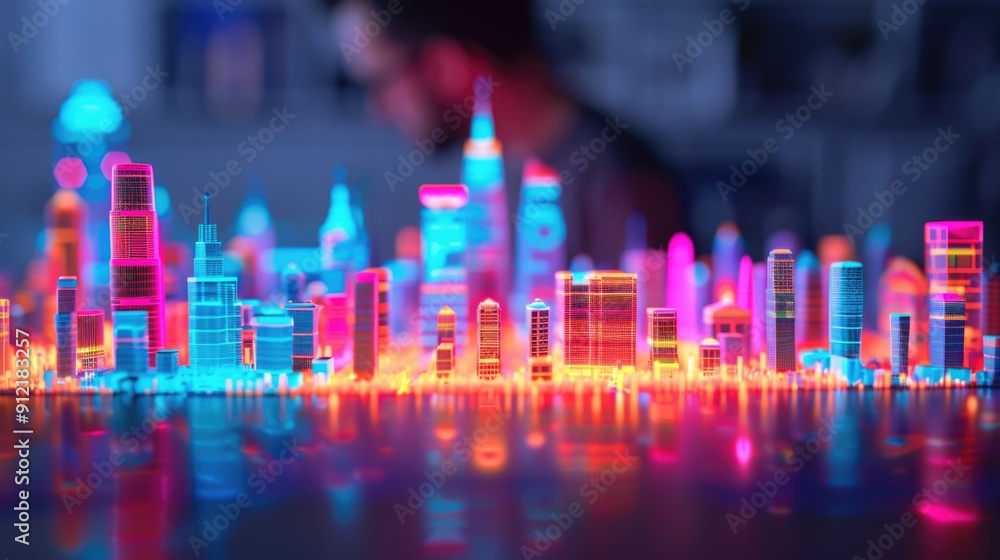 Poster mesmerizing cityscape of a futuristic metropolis with volumetric 3d projections neon lights and vibr