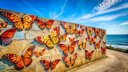Sun-Kissed Coral Butterflies on a Coastal Wall  Generative AI