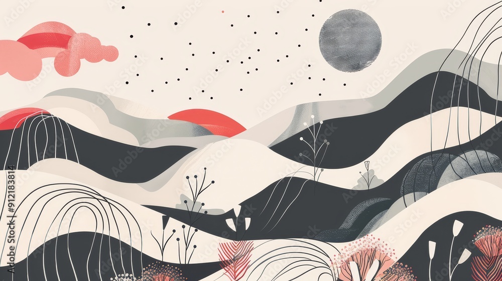 Poster abstract minimalist landscape with moon and clouds - an abstract landscape with a large moon, red cl