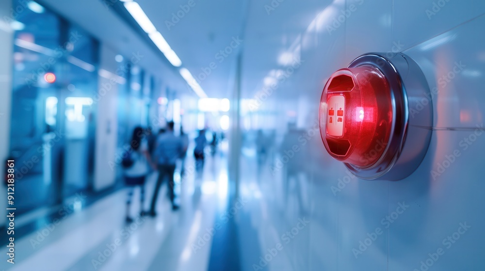 Poster a bright red fire alarm with an illuminated light and button is mounted on a wall in a busy hospital