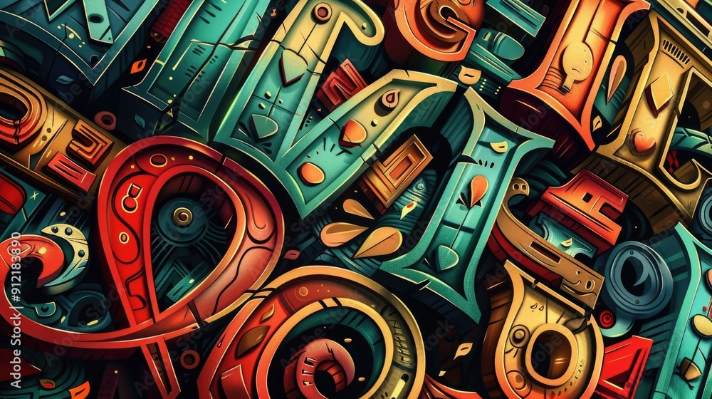 Poster vibrant retro inspired abstract featuring a bold layered composition of ornamental typography geomet