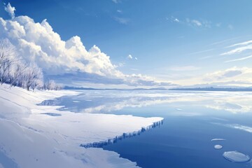 Frozen Veil of Ice: An Animated Snow Scene with a Glassy Lake Reflecting the Sky's Canvas