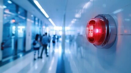 A bright red fire alarm with an illuminated light and button is mounted on a wall in a busy hospital corridor with people walking nearby. Generative AI