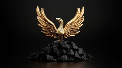 Obraz premium A majestic golden eagle sculpture perched on a mound of coal, symbolizing strength and resilience in a striking composition.
