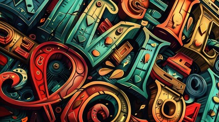 Obraz premium Vibrant retro inspired abstract featuring a bold layered composition of ornamental typography geometric shapes and a dynamic textural background