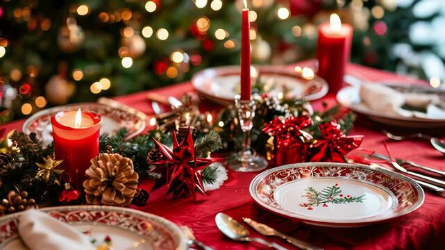 Festive Christmas Dinner Table with Red Tablecloth