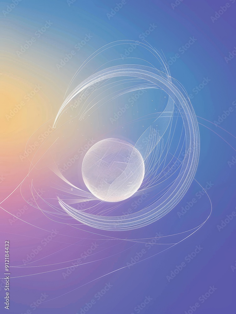 Poster abstract sphere surrounded by white lines on a purple gradient background - this abstract image feat