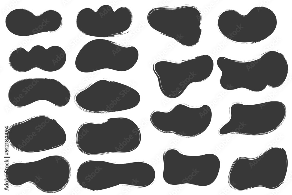 Poster brush stains, abstract paint shapes with grunge texture. round black ink splashes. irregular organic