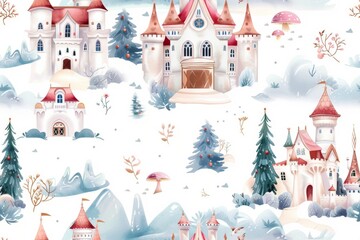 A seamless watercolor pattern depicting fairytale castles and dreamy landscapes with magical elements, creating an enchanting and whimsical scene.