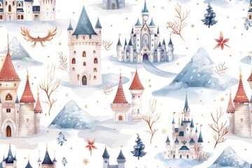 A seamless watercolor pattern depicting fairytale castles and dreamy landscapes with magical elements, creating an enchanting and whimsical scene.