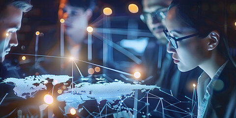 Analyzing data exchange customer connections HR recruitment global outsourcing teamwork strategy. Concept Data Analysis, Customer Connections, HR Recruitment, Global Outsourcing, Teamwork Strategy