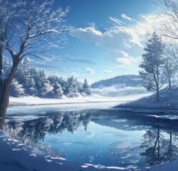 Frozen Veil of Ice: An Animated Snow Scene with a Glassy Lake Reflecting the Sky's Canvas