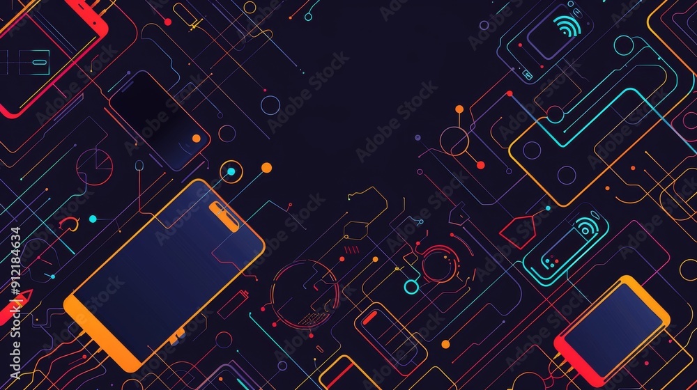 Poster abstract technology background with colorful lines and devices - this abstract background features c