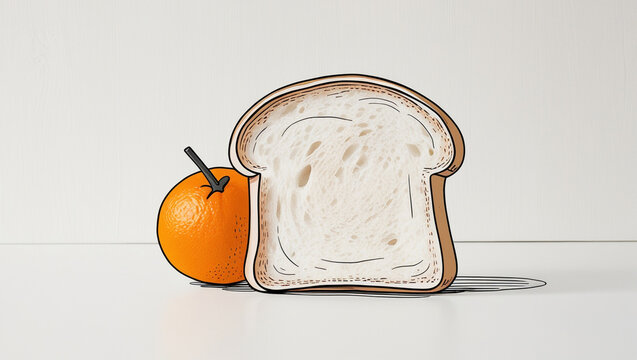 Minimalist Illustration of Bread Slice and  orange