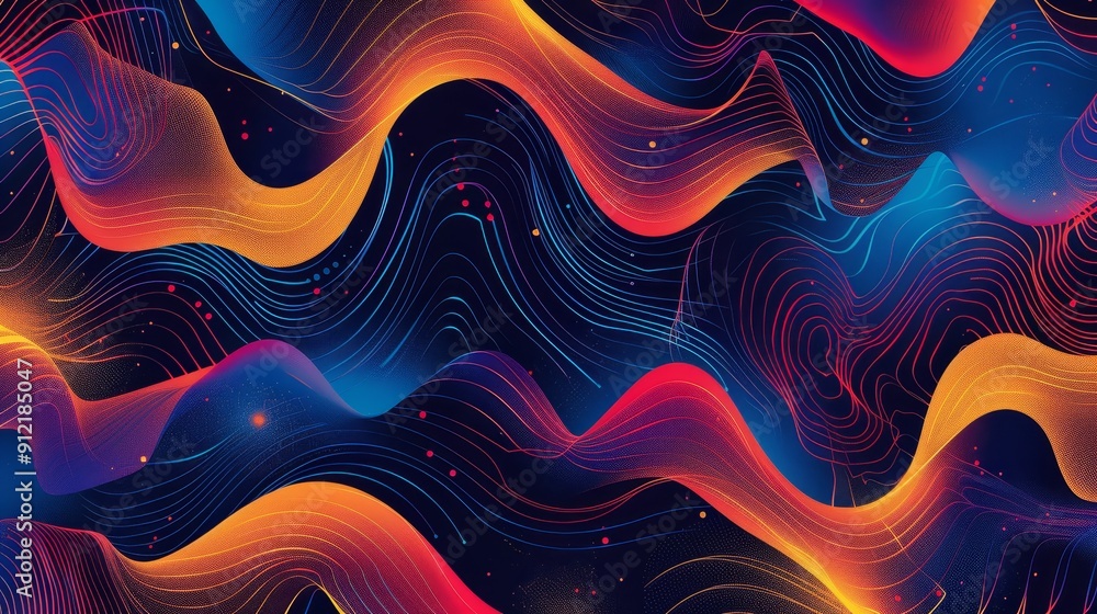 Poster abstract wavy lines with colorful glow and sparkle effect - abstract background with colorful wavy l