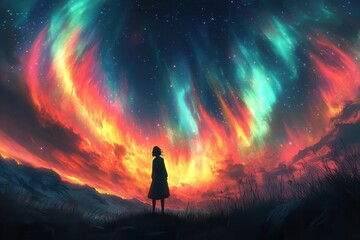 aweinspiring anime sky ablaze with vibrant colors swirling auroralike patterns twinkling stars small silhouetted girl gazing upward magical dreamlike atmosphere