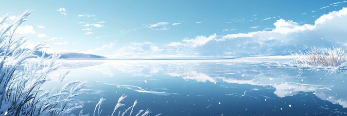 Frozen Veil of Ice: An Animated Snow Scene with a Glassy Lake Reflecting the Sky's Canvas