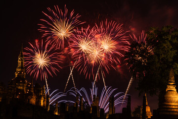 Fireworks at Sukhothai Province in the north of Thailand during the Loy Krathong Light and Candle Burning Festival and New Year