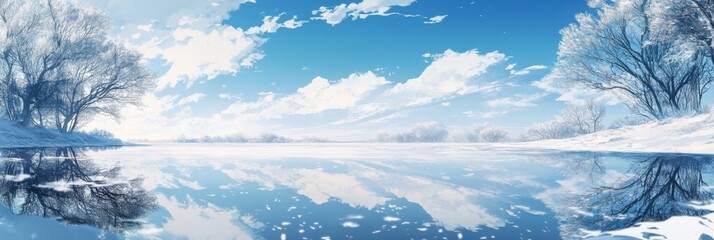 Frozen Veil of Ice: An Animated Snow Scene with a Glassy Lake Reflecting the Sky's Canvas