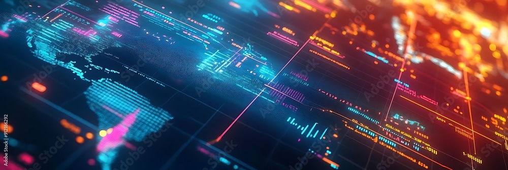 Poster abstract 3d digital interface with neon lights and world map
