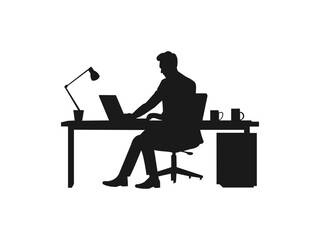 Business people working on laptop silhouette. Man working on a laptop with office table desk. Good use for symbols, logos, icons, mascots, signs, or any design you want.