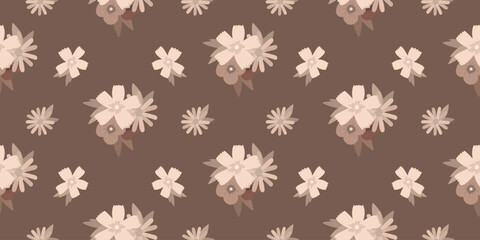 Cute floral horizontal pattern. Beige simple flowers pattern for fabric printing, wrapping paper, design. Seamless floral vector pattern isolated on changeable brown background.