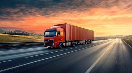 Red SemiTruck Driving on Highway at Sunset with Dramatic Sky