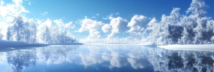 Frozen Veil of Ice: An Animated Snow Scene with a Glassy Lake Reflecting the Sky's Canvas