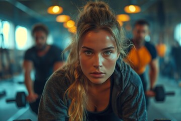 Fototapeta premium Blonde Woman Strength Training with Dumbbells in Modern Gym Amid Diverse Crowd